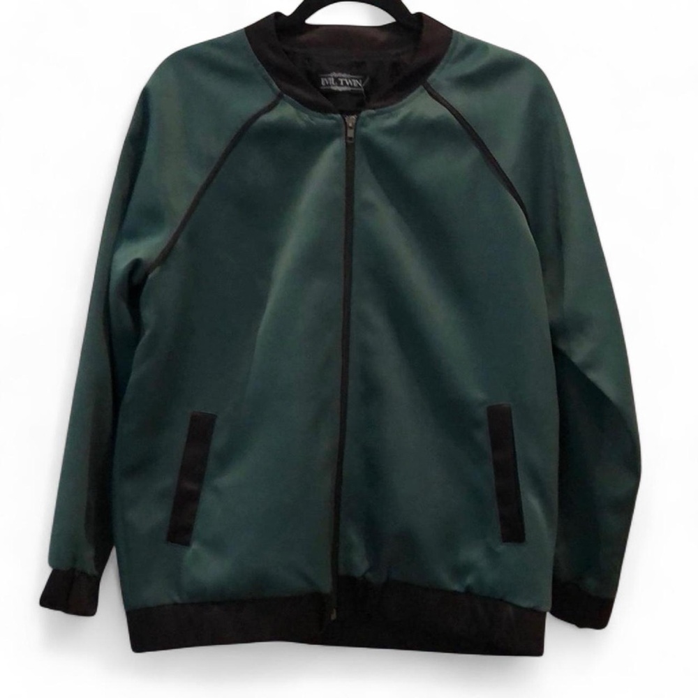 NWT Evil Twin Women's ‘Try Me’ Retro Hunter Green Satin Bomber Jacket — SMALL - Picture 3 of 5